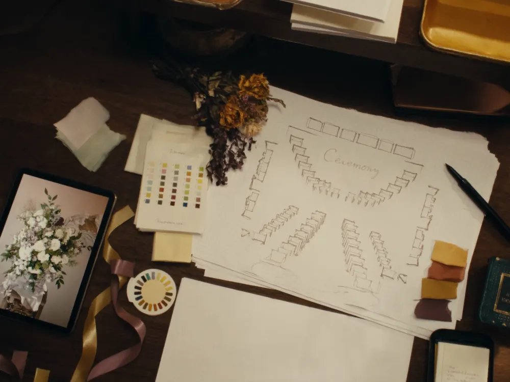 Escritorio de organización de eventos con plano de mesas, muestras de tela y flores